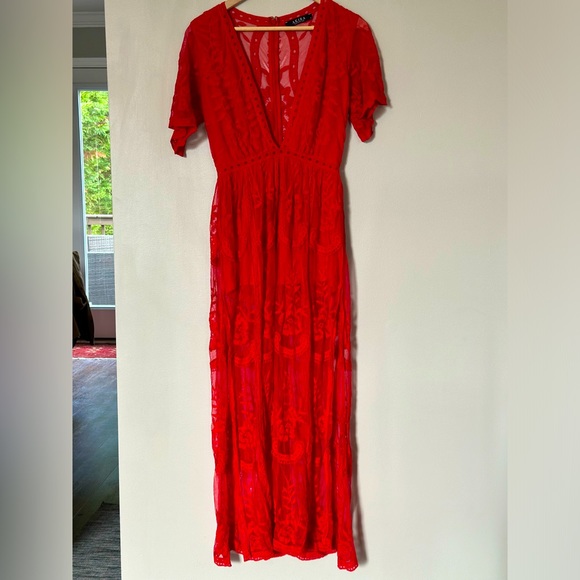 Semi sheer lace v neck maxi dress. - Picture 6 of 15